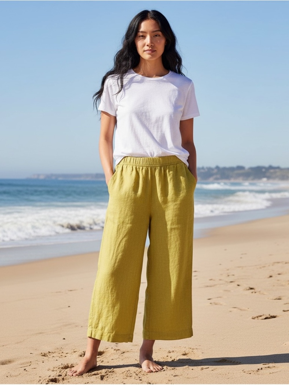 Tahari European Grown Flax Linen Elastic Waist Cropped Pant SZ XL in Sunflower
